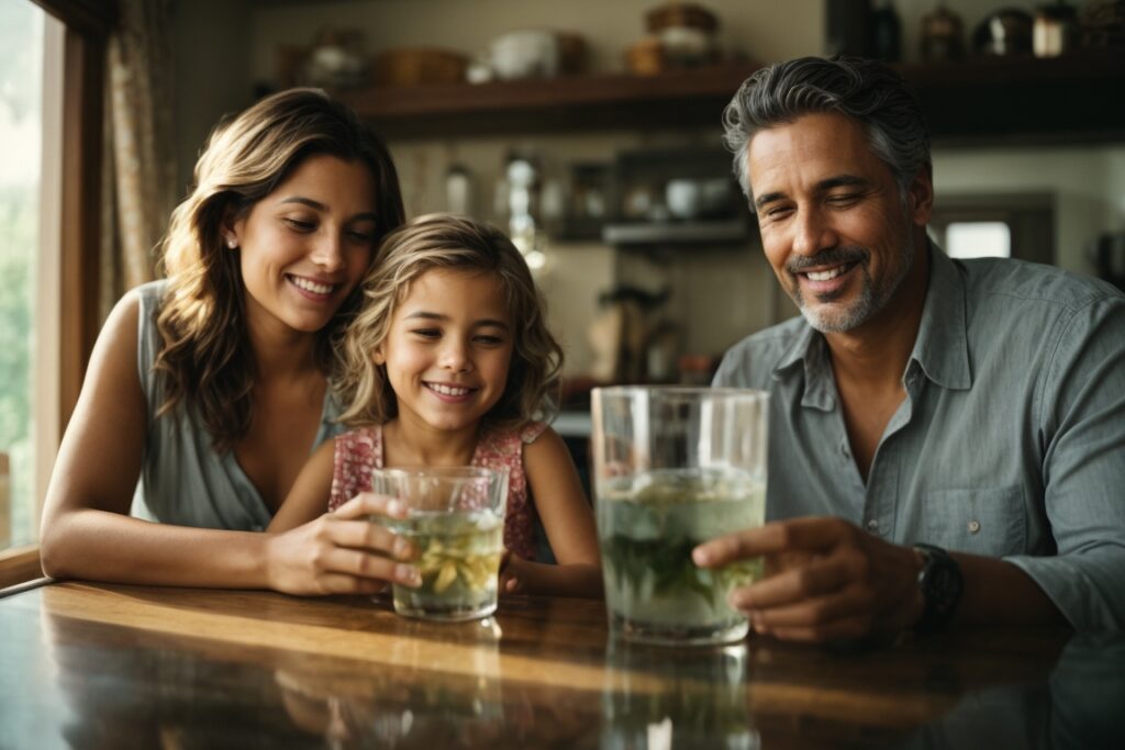 Familia bebe agua en cocina